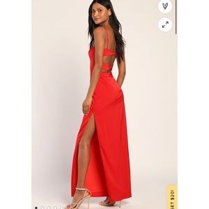 Lulus Sultry and Chic Red Satin Backless Maxi Dress